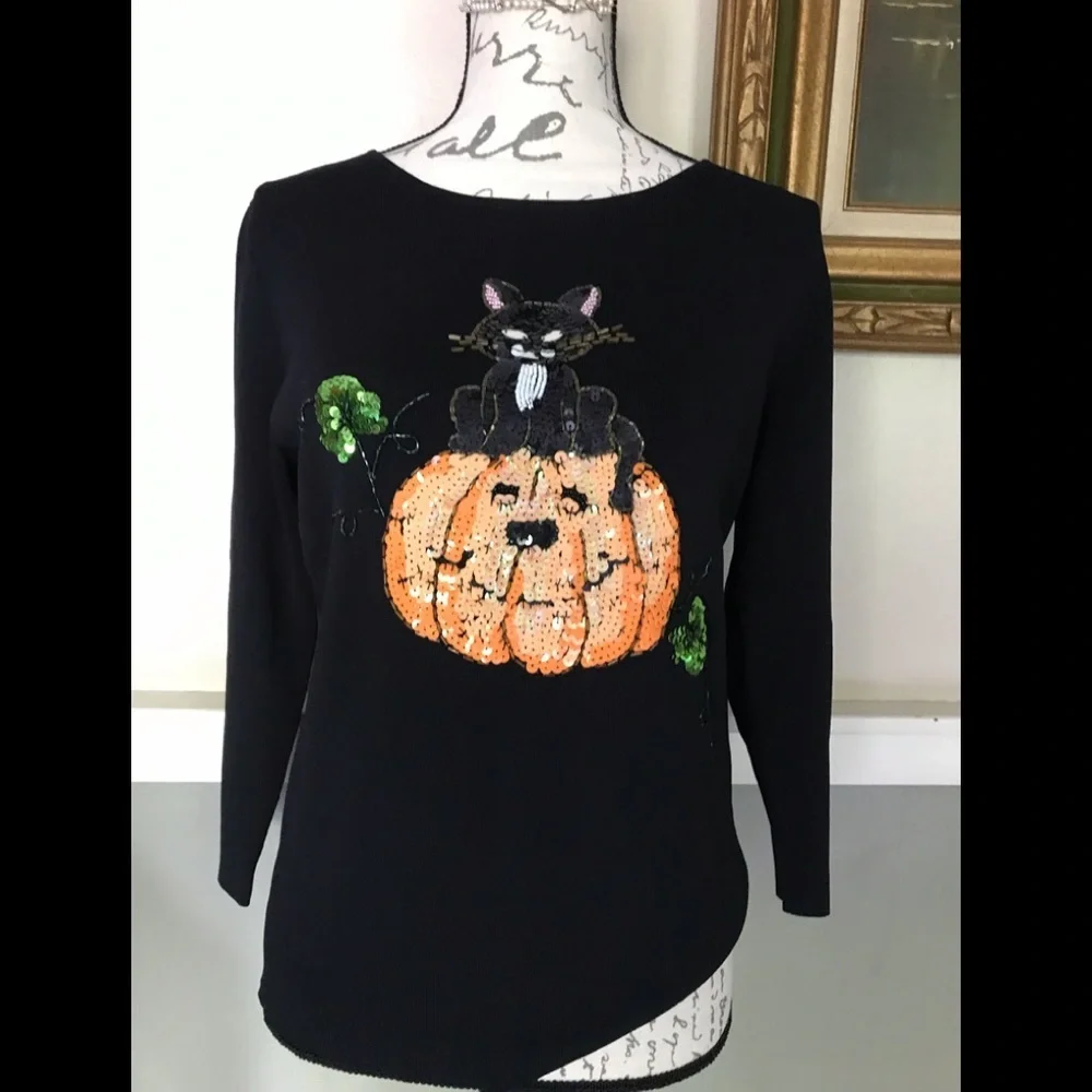 🖤 Black Cat Sequin Pumpkin Top L NWT 58.00 Last One Left - Picture 7 of 9